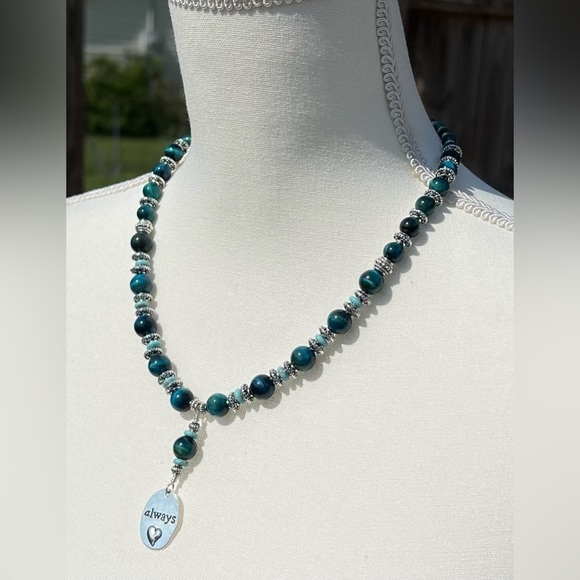 Blue Tigers Eye and Silver Necklace and Earrings Set Handmade - Picture 13 of 16